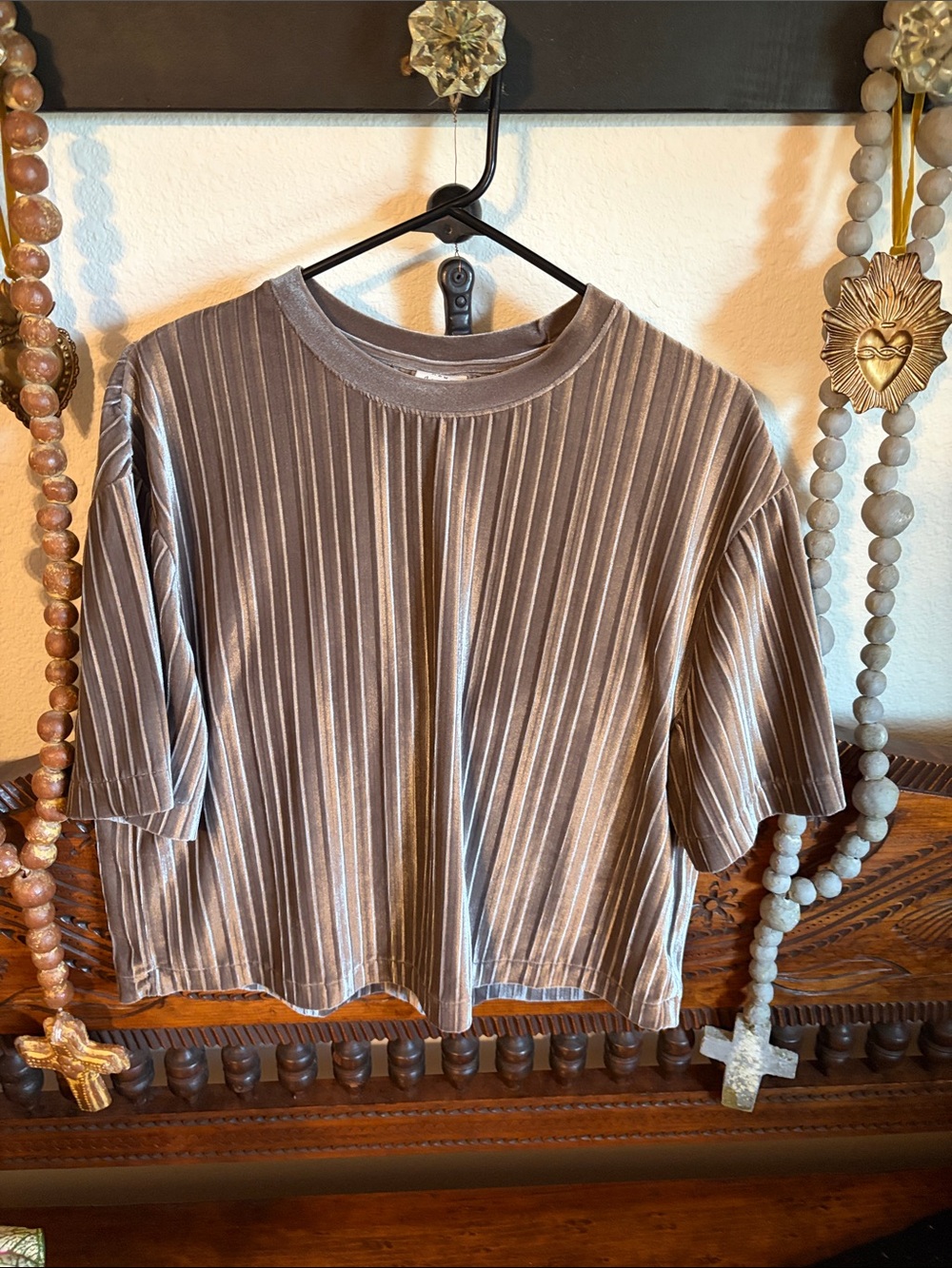 a new day Short Sleeve Striped Velvet Tee - Taupe Brown